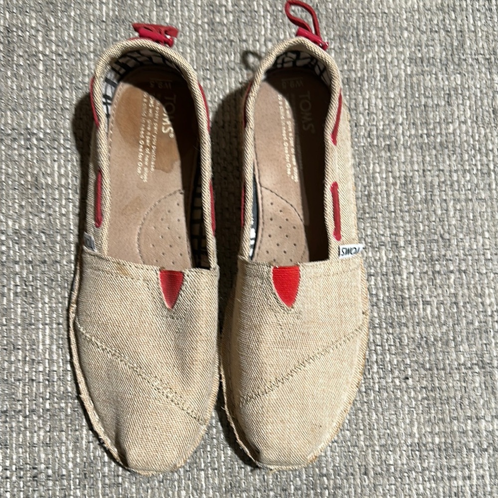 Toms Tan and Red Espadrilles Casual Slip-On Shoes EUC